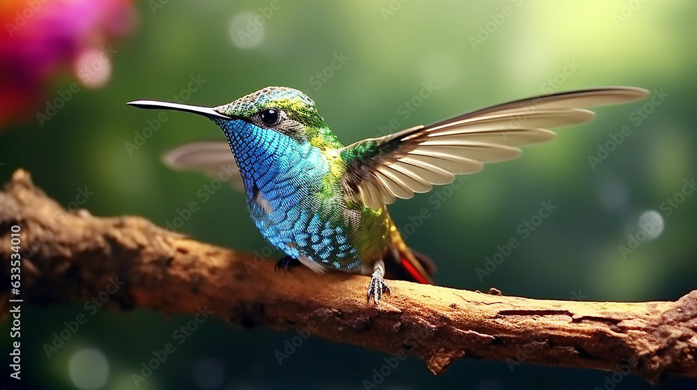 cute humming bird, A colorful bird sits on a branch in the forest