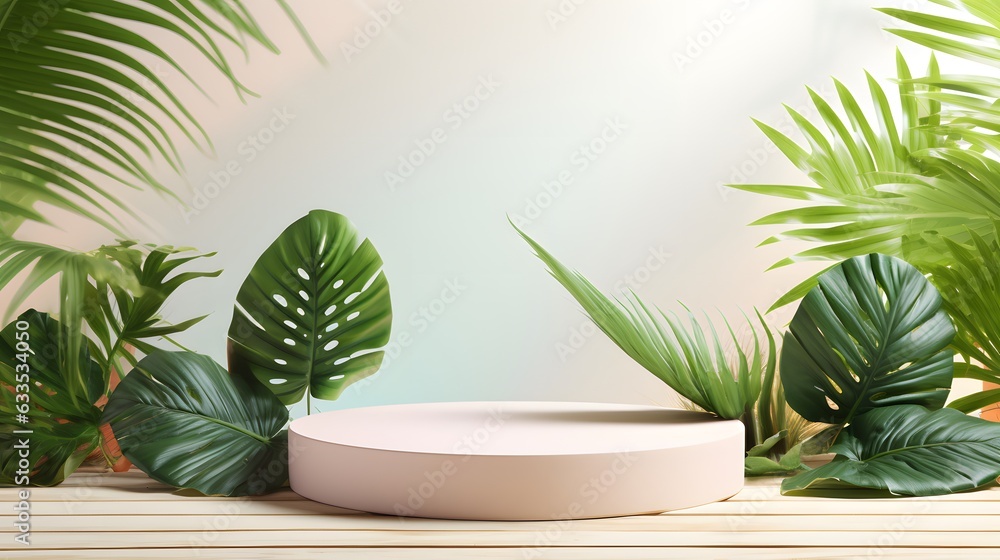 Minimal, elegant, beige podium and product pedestal. Summer creative concept with palm leaves on pastel background. 3D Illustration, copy space. Minimal, elegant, beige podium and product pedestal. Summer creative concept with palm leaves on pastel background. 3D Illustration, copy space.