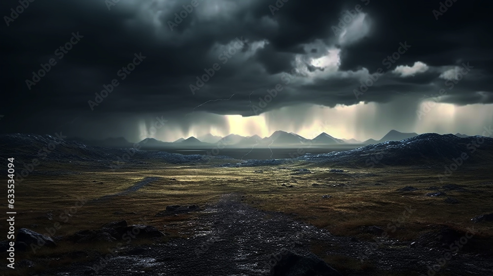 Dark weather ominous clouds over dramatic landscape