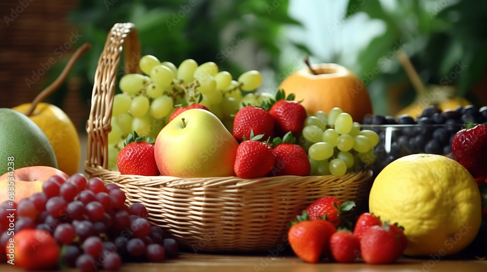 Fresh and healthy fruits in straw basket Fresh and healthy fruits in straw basket