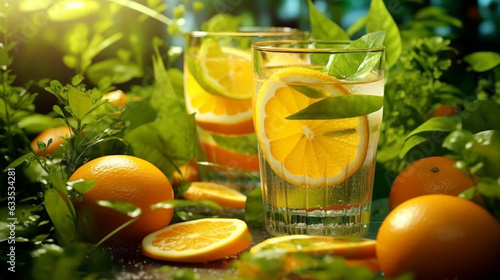 Fresh citrus fruits cocktails with leaves