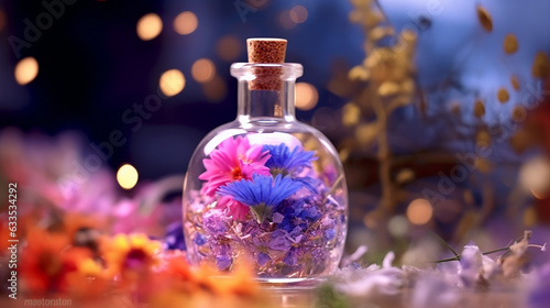 Fresh scent of purple flower in glass bottle colorful