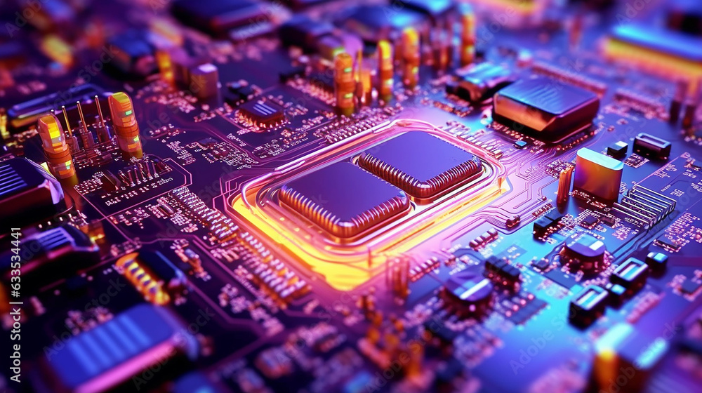 Obraz premium Glowing computer chip complexity of electronics industry background
