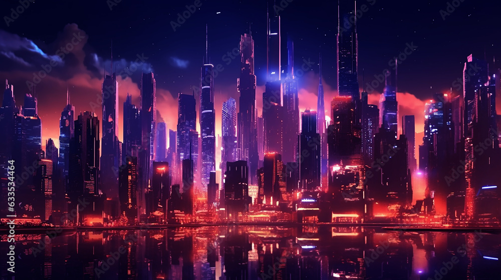 Glowing skyscrapers illuminate the futuristic cityscape at night background