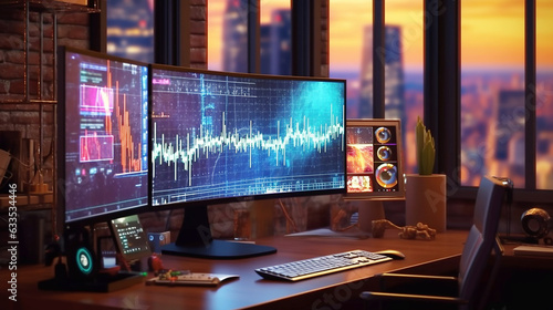 Glowing computer monitor displays financial figures for trading background