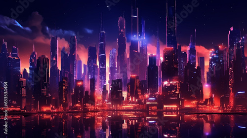 Glowing skyscrapers illuminate the futuristic cityscape at night background