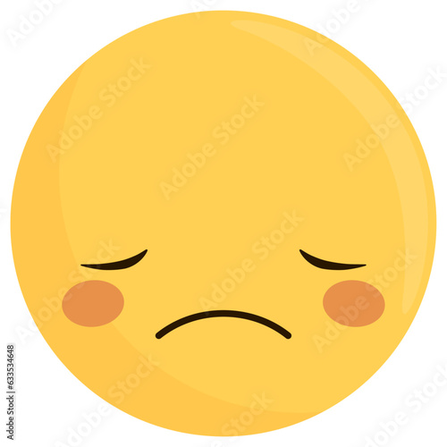 Cute sad yellow emoji face. \
Concept of sadness, anguish, depression, shame, frustration, anxiety, resignation, reaction emotions.\
Pensive expression, sad smiley. Sorrow emoticon vector, emotion icon