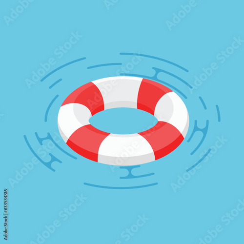 3d red and white lifebuoy. Floating inflatable lifebuoy and laps on the water. Swimming pool circle. Safe a life concept. Vector illustration.