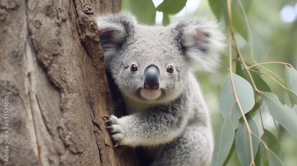 Obraz premium Marsupial koala cute fur close up outdoors looking tree background