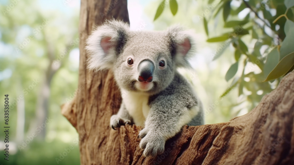 Fototapeta premium Marsupial koala cute fur close up outdoors looking tree background