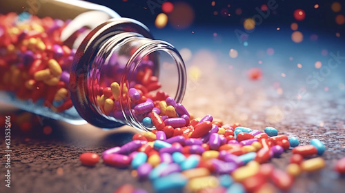 Medicine bottle spilling colorful pills depicting background