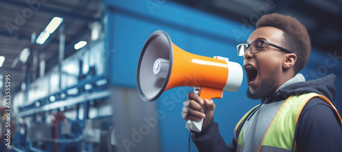 A young African-American factory supervisor with a beard assigns tasks to his employees with a megaphone in an industrial warehouse,copy space © SnapVault