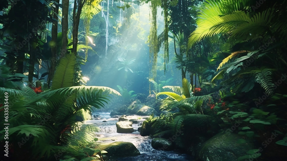 Mysterious tropical rainforest glows with lush greenery, colorful leafs background