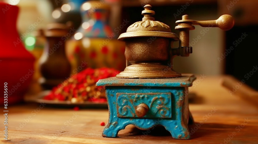 Rustic table holds antique coffee grinder close up Rustic table holds antique coffee grinder close up
