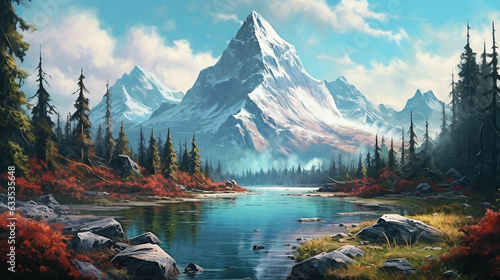 painting of a mountain lake with a mountain