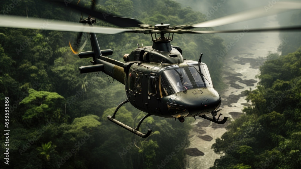 Military Helicopter OH-58D Kiowa Warrior in action in the jungle Military Helicopter OH-58D Kiowa Warrior in action in the jungle