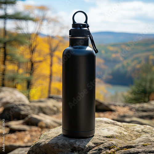 standing aluminum water bottle with a black cap in the nature