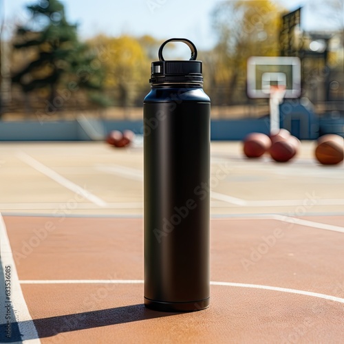 standing aluminum water bottle with a black cap mockup
