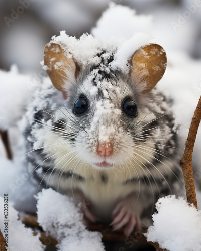 Hybrid hamster with zebra stripes. Hamster perfectly camouflaged in winter landscape. Cute exotic hamster. Generative AI