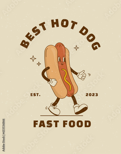 Cartoon hot dog character in retro 70s style. Street food vector illustration. Vintage bratwurst mascot poster. Nostalgia 60s, 1970s, 80s