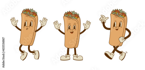 Set of retro cartoon funny burritos characters. Vintage taco, doner kebab, pita, gyros mascot vector illustration. Nostalgia 60, 70s, 80s