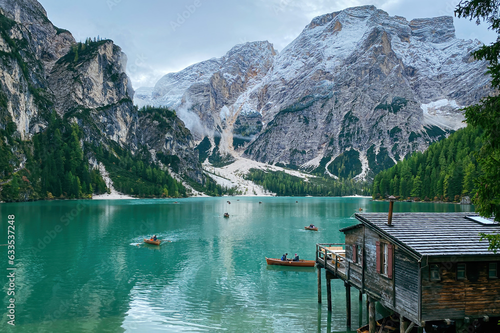 Scenic view of Lake Braies with boathouse, Italy