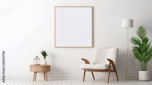 interior of a room with a chair Mock up poster frame in home interior background © Creative artist1