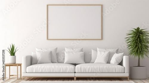modern living room with sofa Mock up poster frame in home interior background © Creative artist1