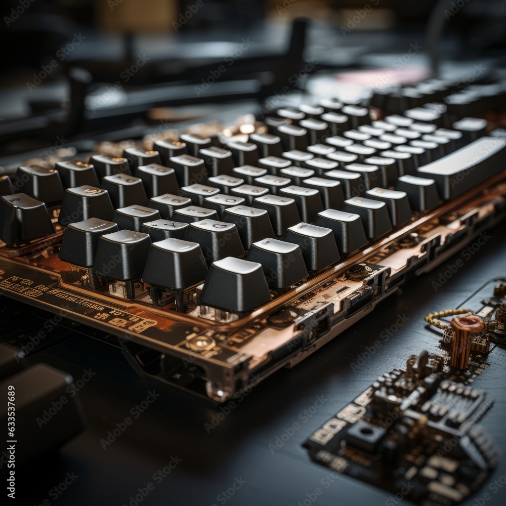 Luxurious mechanical computer computer with electronics exposed, generative ai Luxurious mechanical computer computer with electronics exposed, generative ai