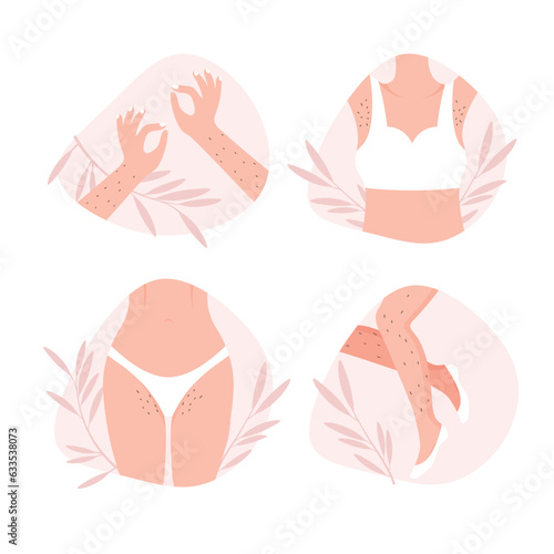 Various unshaved hairy body parts. International Women Day. Female legs, armpits, hands, bikini area with hair. Body positive poster. Depilation.