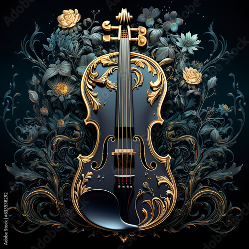 In the backdrop of baroque capitals, a violin takes center stage, bridging classic elegance with musical artistry. Illustration of a classical violin in a flowery setting.
