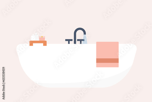 bathroom interior, bathtube ready for relaxing bath; pouring water, towel and burning candle - vector illustration