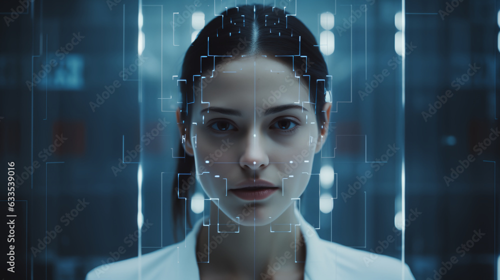 Face recognition system, woman in white shirt against blue background generative art Face recognition system, woman in white shirt against blue background generative art