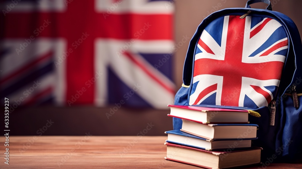 Student's backpack, books and the flag of Great Britain on the background. The concept of advertising, banner: Language courses or studying at a university in the UK. Copy space. - obrazy, fototapety, plakaty 