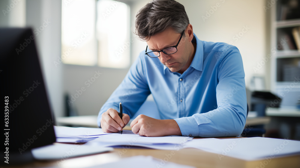 Employee diligently working at his desk, focused on writing important documents generative art Employee diligently working at his desk, focused on writing important documents generative art