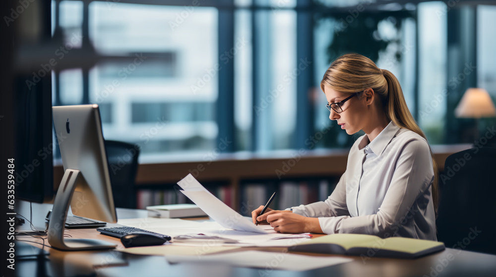 Employee diligently working at his desk, focused on writing important documents generative art Employee diligently working at his desk, focused on writing important documents generative art