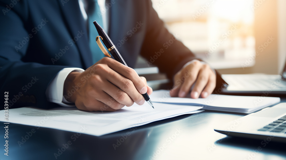 Employee diligently working at his desk, focused on writing important documents generative art Employee diligently working at his desk, focused on writing important documents generative art