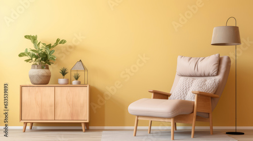 bright interior decoration of living room with a wooden cabinet ai generated © Fang