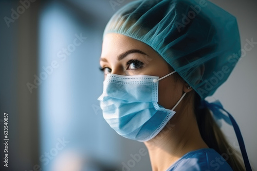 Side view of young female surgeon during surgery photo