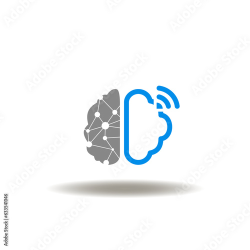Vector illustration of barin with wireless radio signal wifi. Icon of quantum computing technology. Symbol of AI.