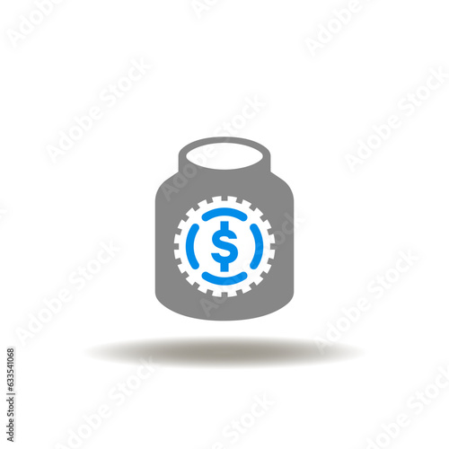 Vector illustration of jar with coin of cent. Icon of money savings, investment. Symbol of banking IRA. Sign of retirement plan.