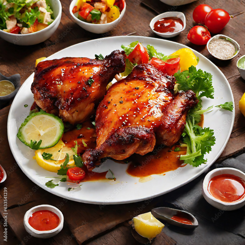 Delicious grilled chicken is served on the table ready to eat Delicious grilled chicken is served on the table ready to eat