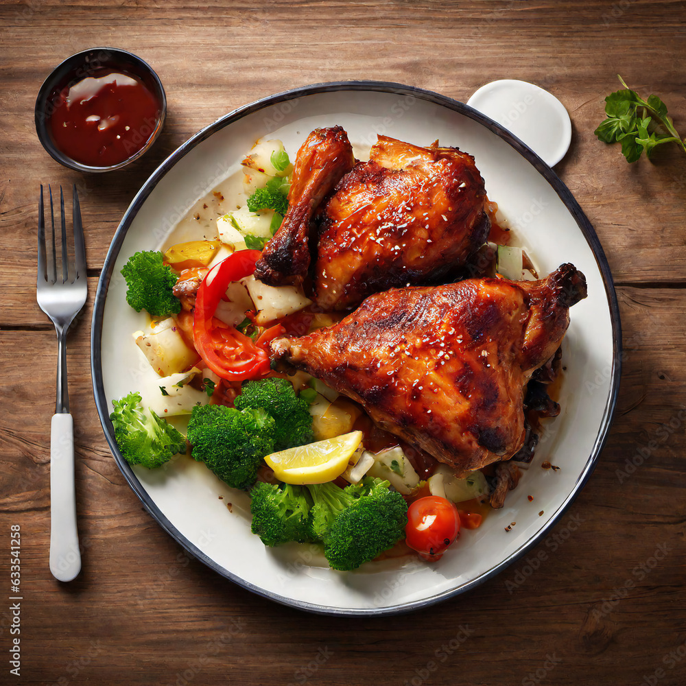 Delicious grilled chicken is served on the table ready to eat Delicious grilled chicken is served on the table ready to eat