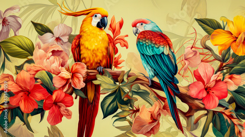 Macaw Love A Beautiful Painting of Two Parrots Facing Each Other Among Tropical Plants and Flowers AI Generated © Graphics.Parasite