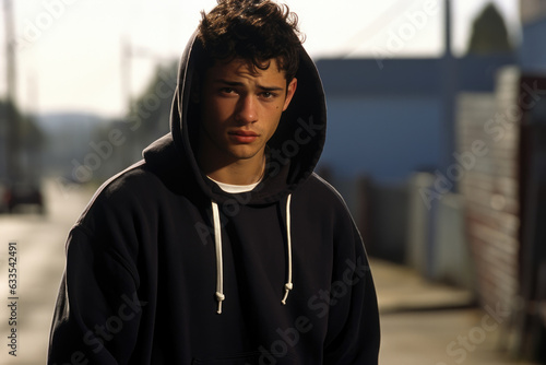 A young man wearing a black hoodie pacing back and forth in a straight line avoiding any contact with his surroundings and mumbling