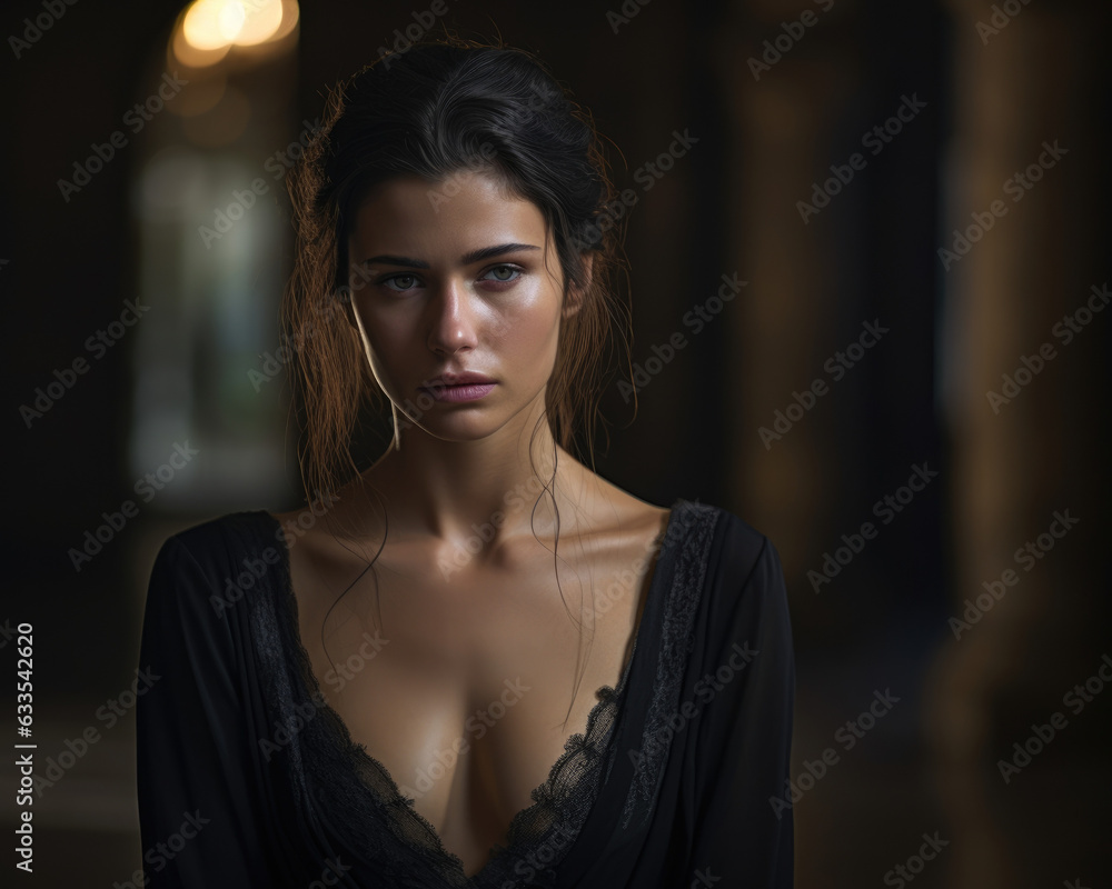 A woman with downcast eyes casting a sad gaze her black dress emphasizing her sorrowful emotion. A woman with downcast eyes casting a sad gaze her black dress emphasizing her sorrowful emotion.