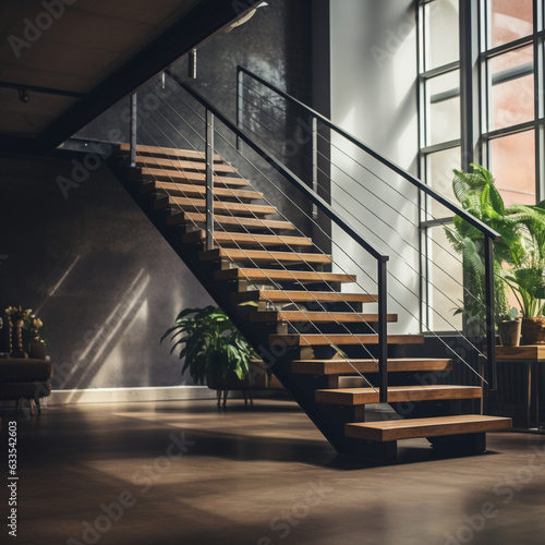 Fototapeta escalier de type industriel dans un loft - IA Generative