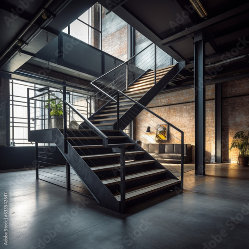 bel escalier de type industriel dans un loft - IA Generative 