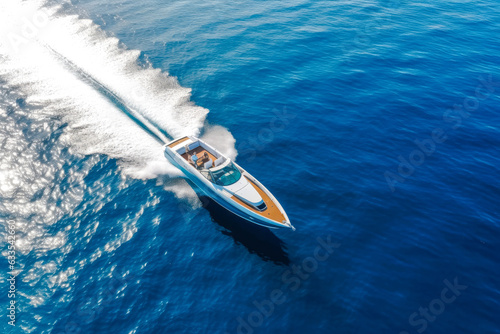 Aerial drone view of luxury rigid inflatable speed boat cruising in high speed in deep blue sea © MVProductions