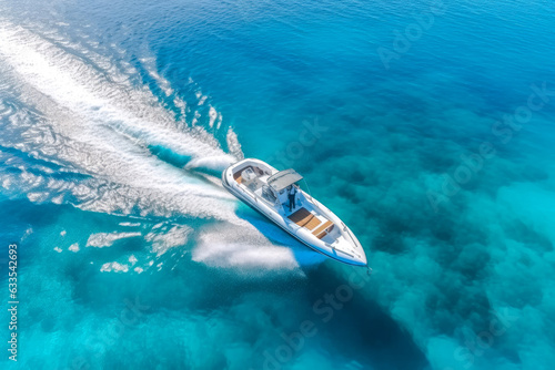 Aerial drone view of luxury rigid inflatable speed boat cruising in high speed in deep blue sea